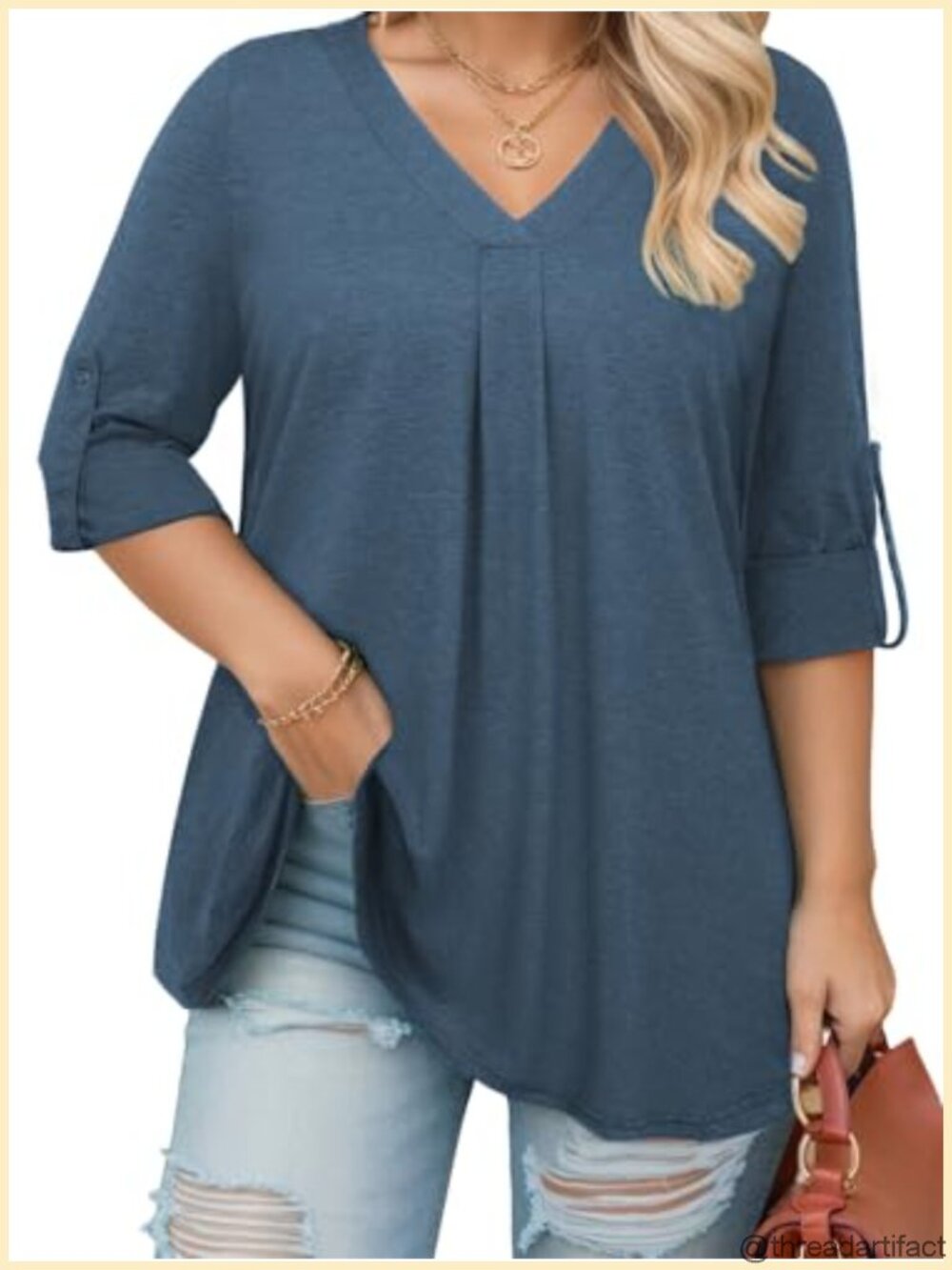 Plus Size V Neck Ruffle Tunic Top 3/4 Sleeve Blouse